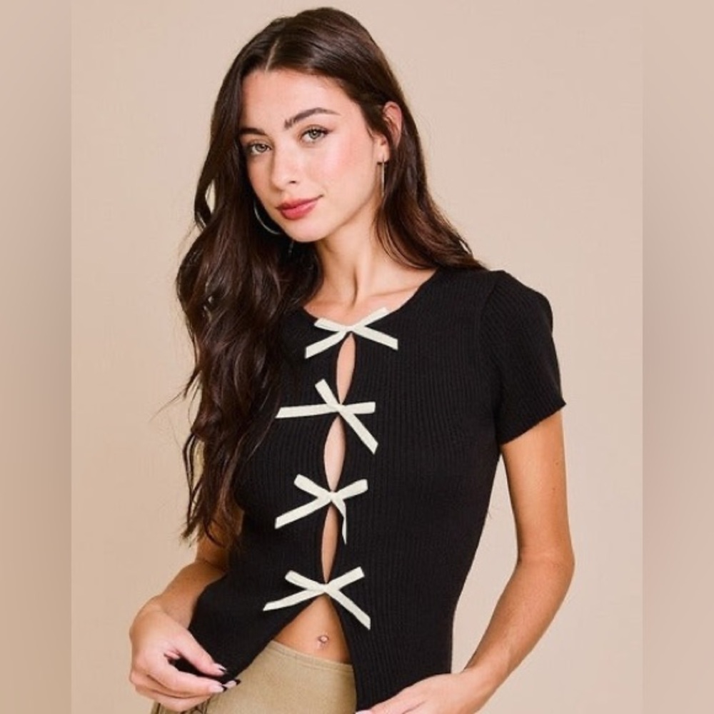 Altar'd State Black Top with Cream Bow Details